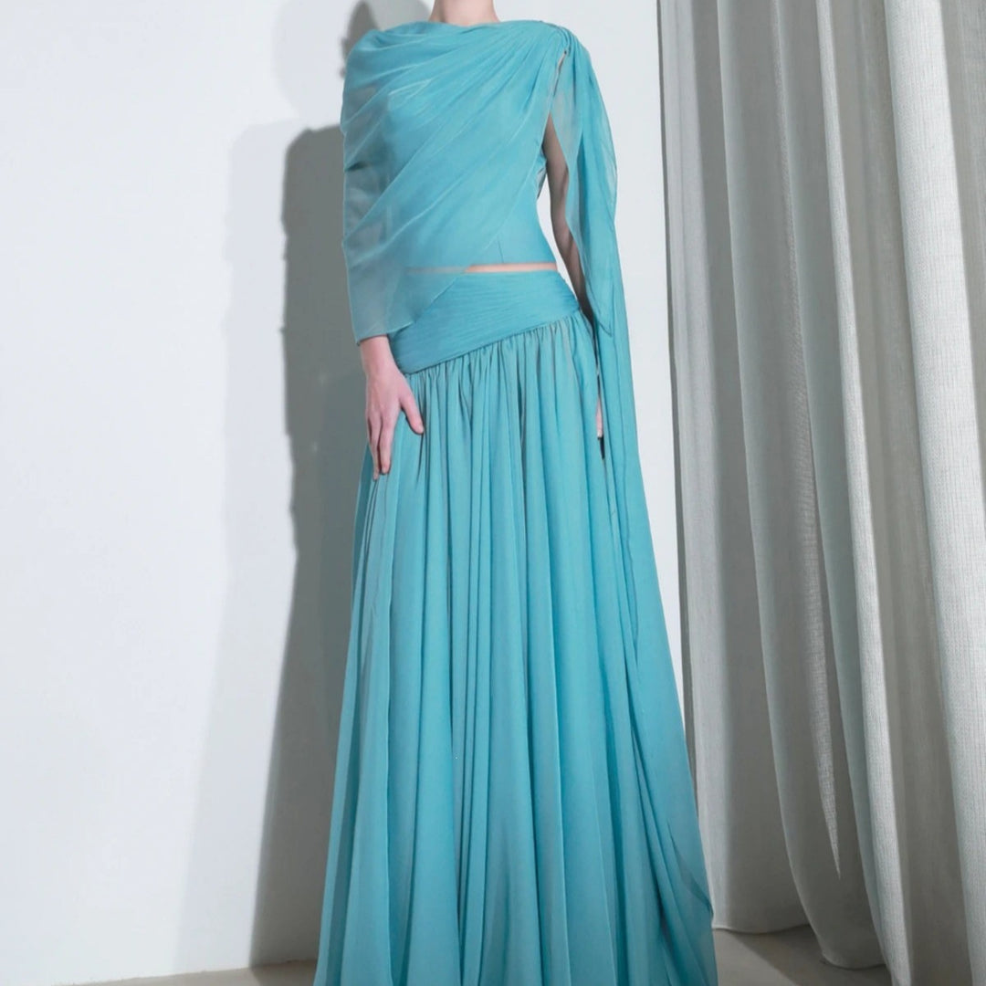 Damen Maxi-Kleid mit asymmetrischem Ausschnitt und fließendem Stoff R&B