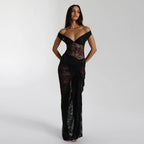 Damen Elegantes Spitze Maxikleid mit Off-Shoulder-Design und figurbetontem Schnitt R&B