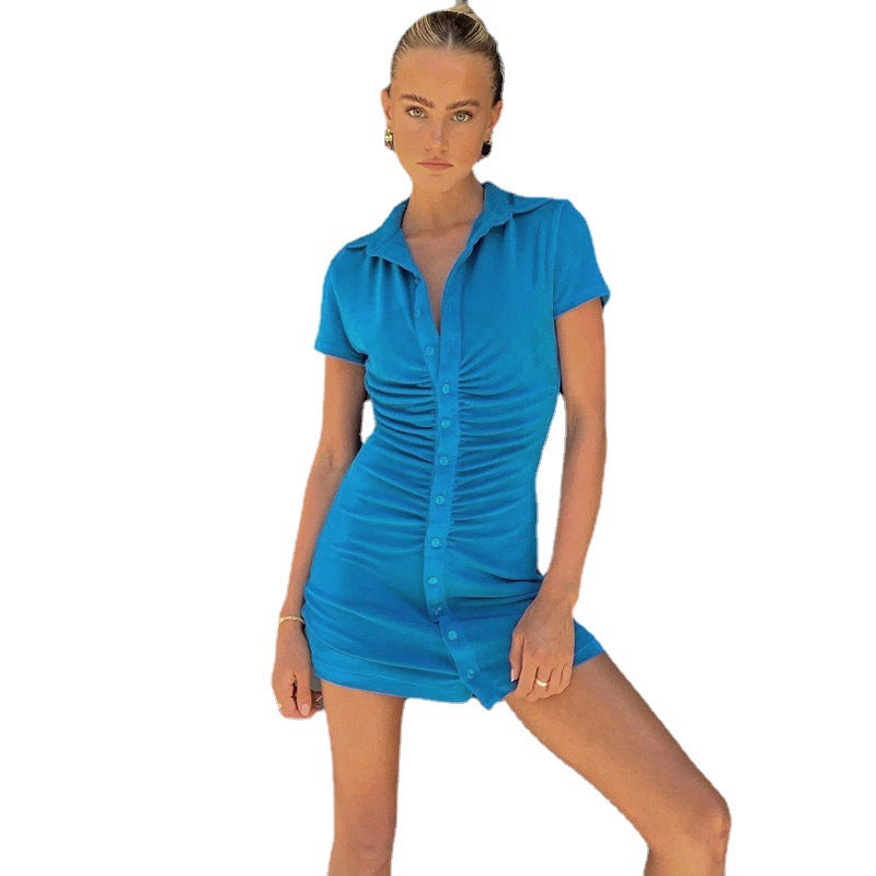 Damen figurbetontes Kurzarm-Kleid mit vertikalem Raffungseffekt und modischen Knopfdetails R&B