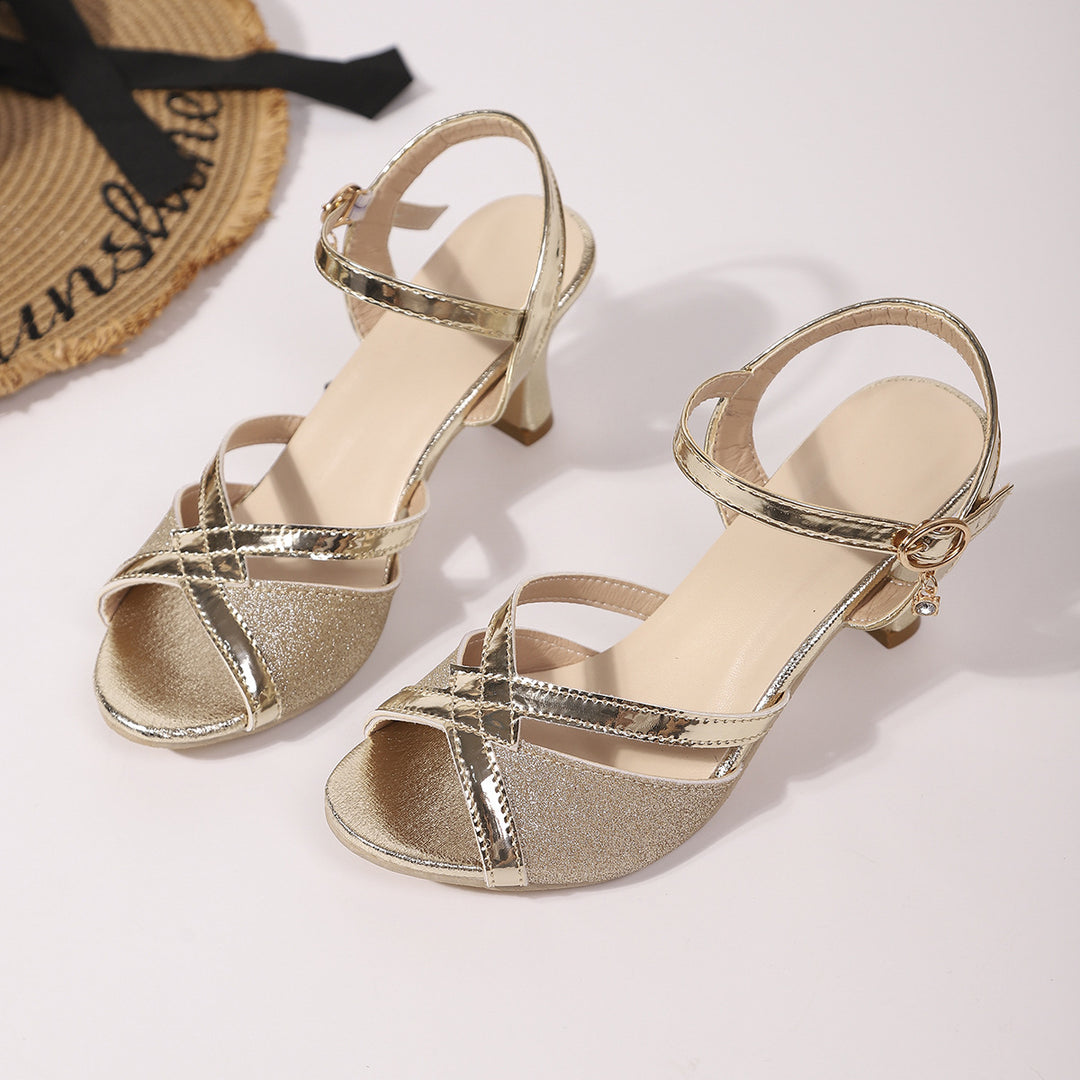 Damen elegante Sandaletten mit verstellbarem Riemchen und glänzendem Absatz R&B