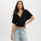 Damen elegantes Wickeloberteil mit voluminösenÄrmeln und tiefem V-Ausschnitt R&B