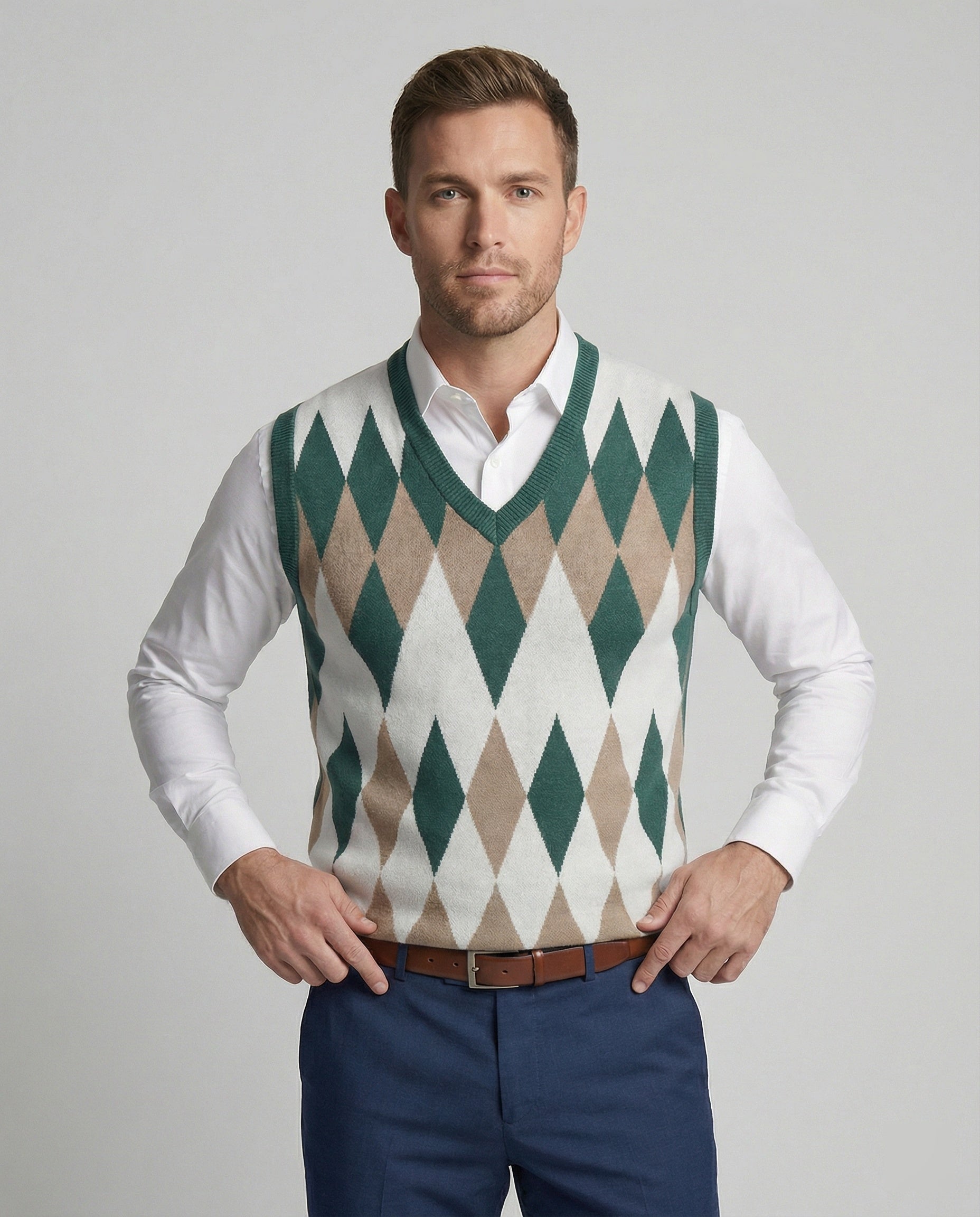 Herren ärmelloser Strickpullover im eleganten Diamantmuster R&B
