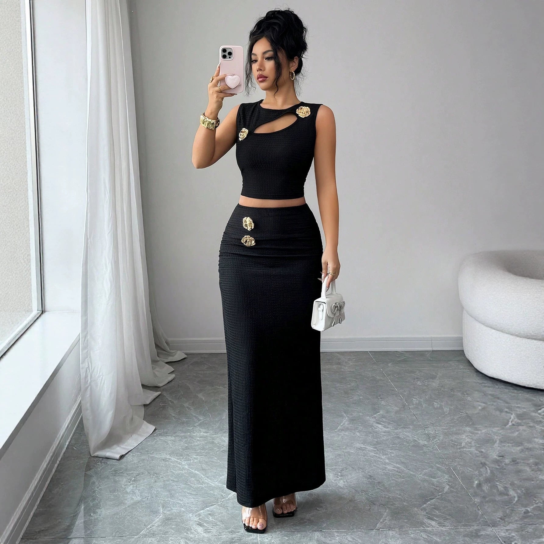 Damen nan zweiteiliges tailliertes Set mit asymmetrischem Cut-Out Crop-Top und figurbetontem Maxi-Bleistiftrock R&B