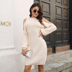 Damen Strickkleid mit Off-Shoulder-Design und langen Puffärmeln R&B