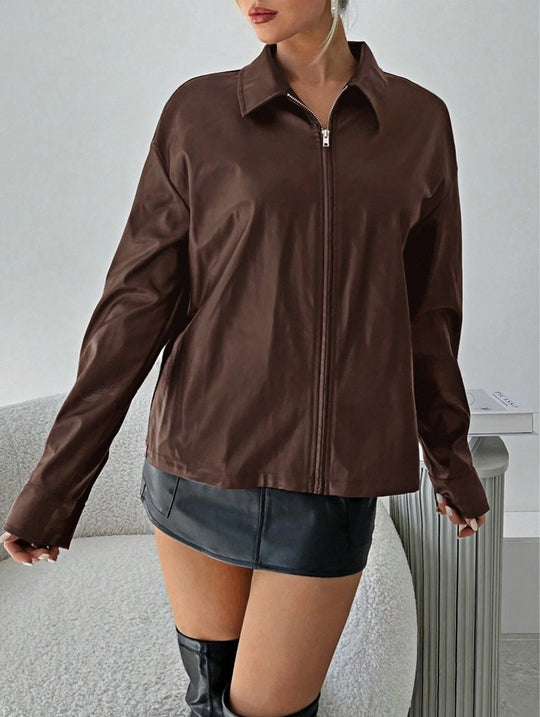 Damen leichtgewichtige Kunstlederjacke mit modernem Reißverschluss R&B