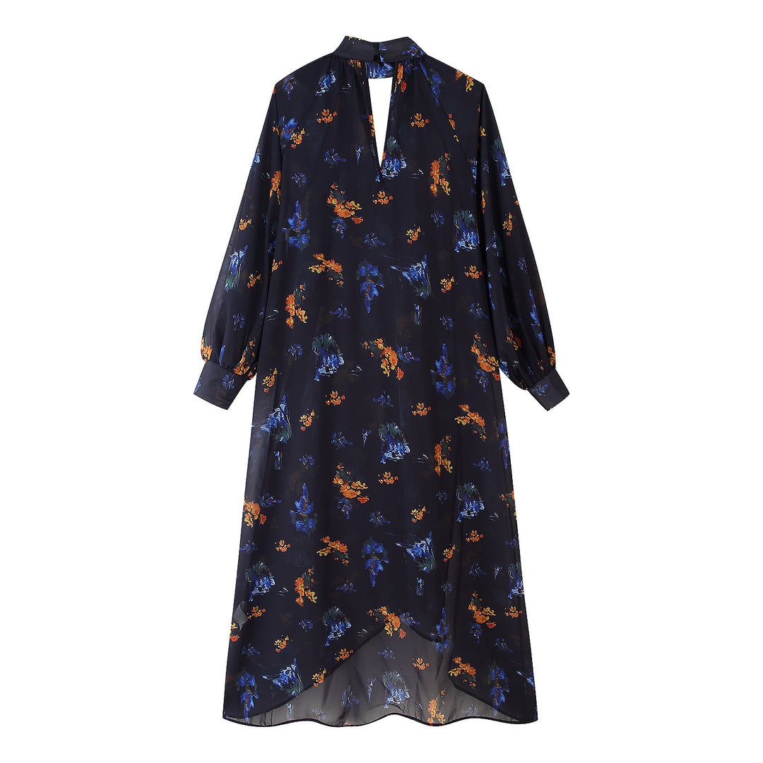 Damen Maxikleid mit elegantem Stehkragen und floralem Druckdesign R&B