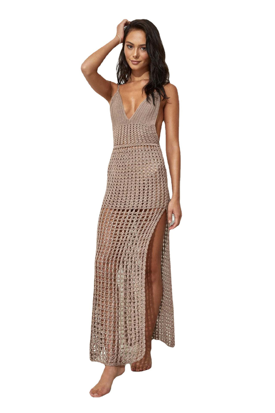 Damen gehäkeltes Strandkleid mit tiefem V-Ausschnitt und seitlichen Schlitzen R&B