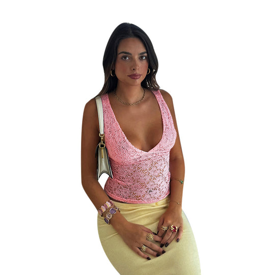 Damen Spitzen-Crop-Top mit tiefem V-Ausschnitt und Rüschendesign R&B