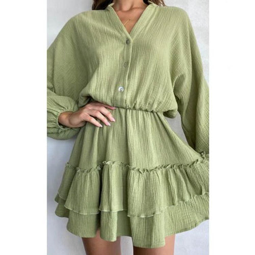 Damen Mini-Hemdblusenkleid mit aufregendem Rüschensaum und elastischem Taillenzug Heidi-Mode