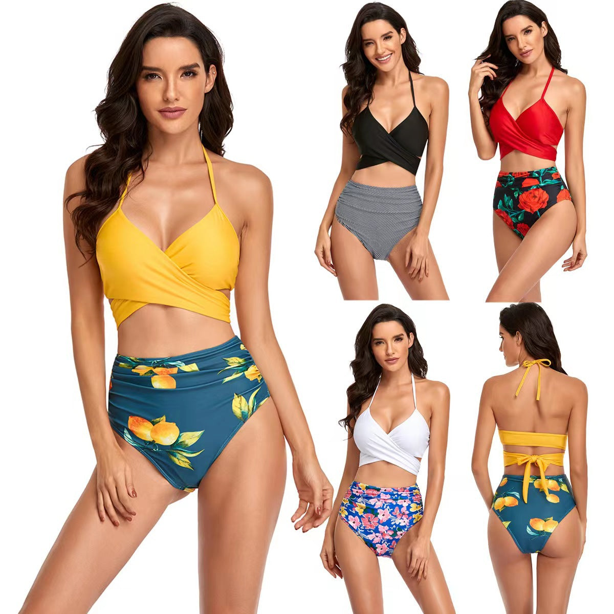 Damen Hochgeschnittener Bikini mit Wickeloberteil und floralen Mustern R&B