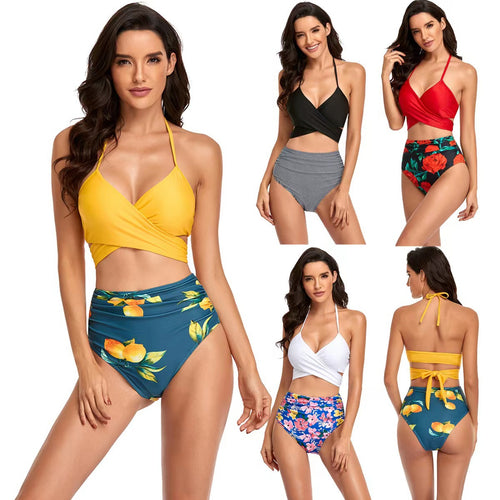 Damen Hochgeschnittener Bikini mit Wickeloberteil und floralen Mustern R&B