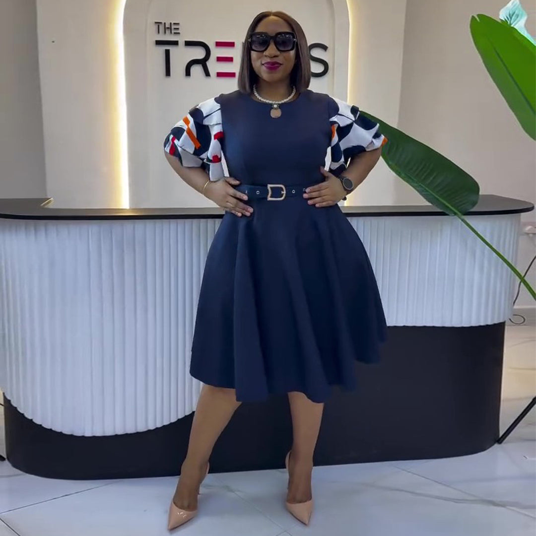 Damen A-Linien Kleid mit eleganten Puffärmeln und Gürtel R&B