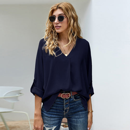 Damen Bluse mit V-Ausschnitt und lässigen langen Ärmeln R&B