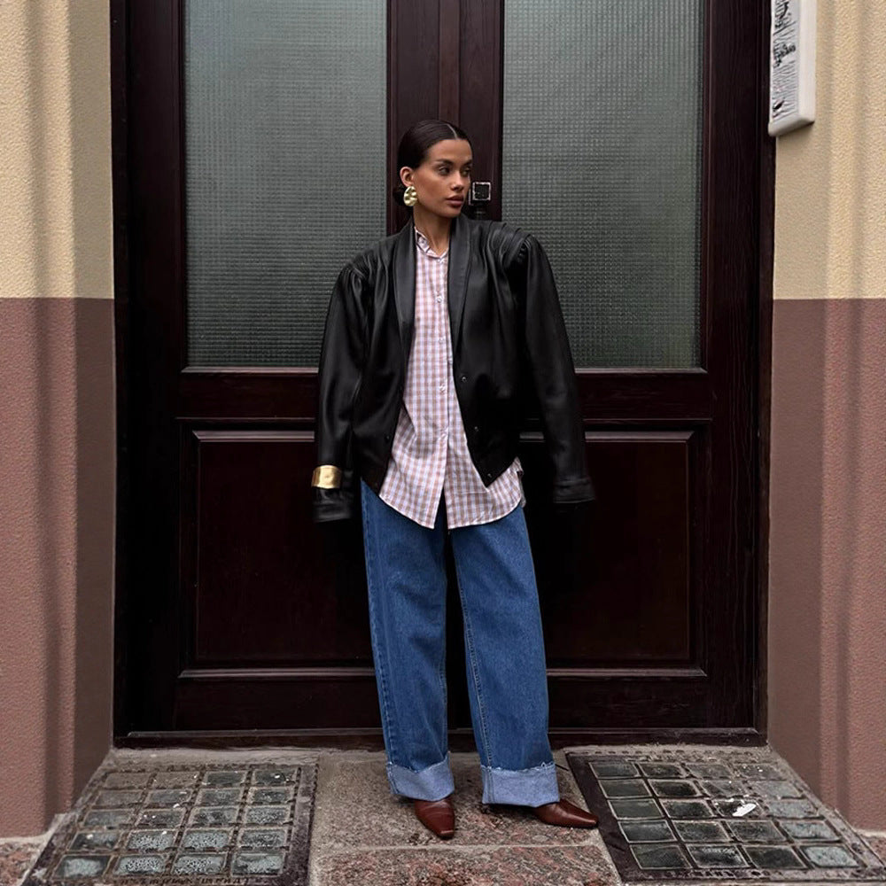 Damen lässige Kunstlederjacke mit voluminösen Ärmeln R&B