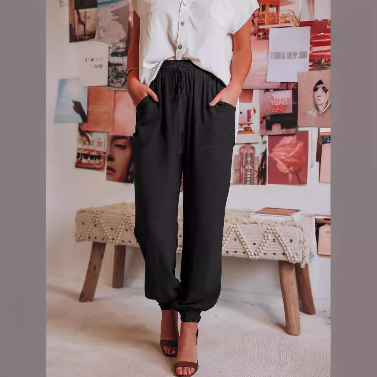Damen Bequeme und legere Hose mit elastischem Bund und vielseitigen Taschen R&B