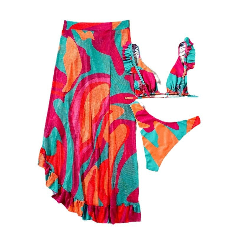 Damen Bikini-Set mit Rüschen und leichtem Strandkleid R&B