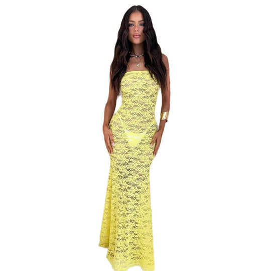 Damen Elegantes Spitzenmaxikleid mit figurbetonter Silhouette und schulterfreiem Design R&B
