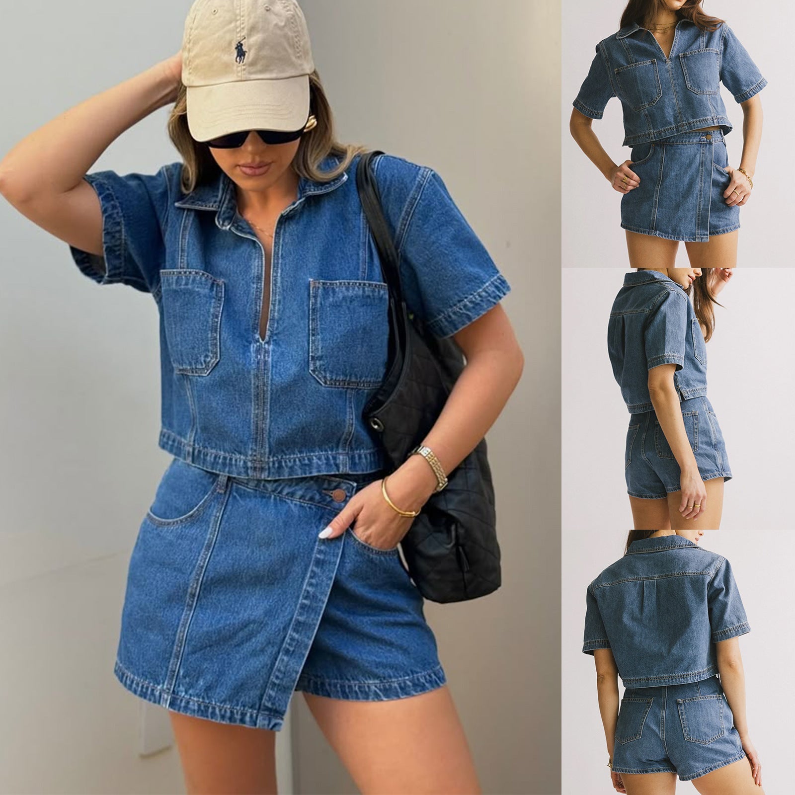 Damen lässiges Denim-Kurzjacken-Set mit passendem Rock