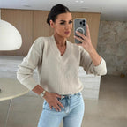 Damen Strickpullover mit tiefem V-Ausschnitt und legerem Schnitt R&B