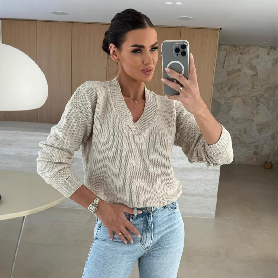 Damen Strickpullover mit tiefem V-Ausschnitt und legerem Schnitt R&B