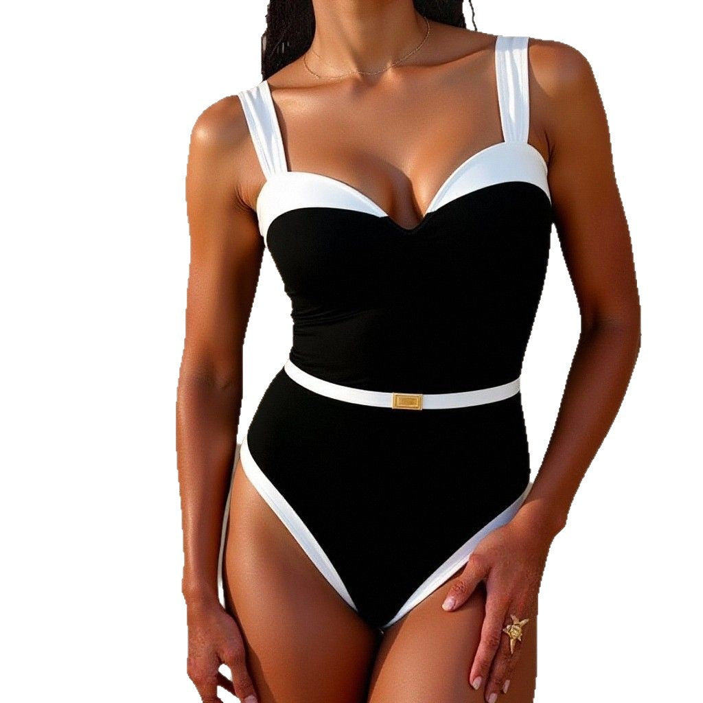 Damen Eleganter Bademode-Einteiler mit Herz-Ausschnitt und Taillengürtel R&B