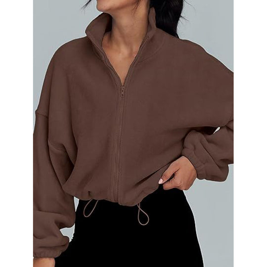 Damen trendy Oversize-Zip-Pullover mit hohem Kragen und Kordelzug R&B