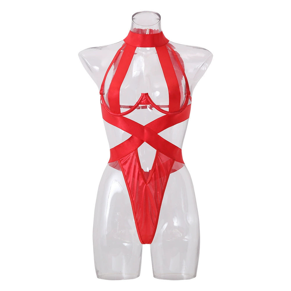 Damen verführerisches Straps-Bodysuit mit raffinierten Schnürdetails und tiefem V-Ausschnitt R&B
