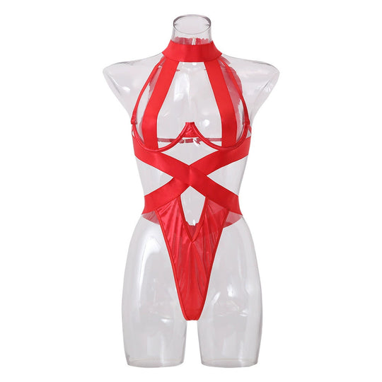 Damen verführerisches Straps-Bodysuit mit raffinierten Schnürdetails und tiefem V-Ausschnitt R&B