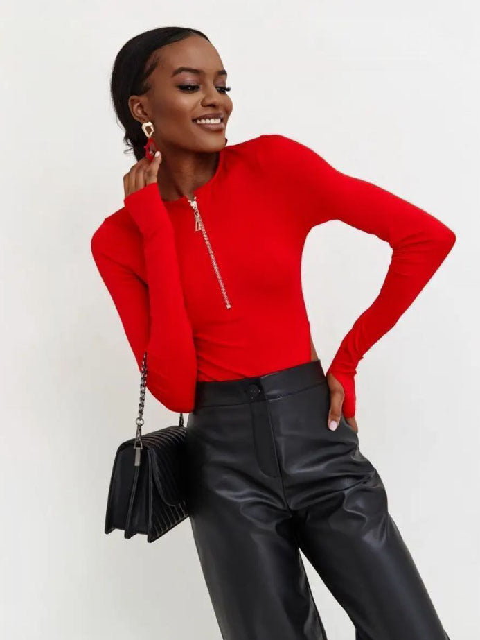 Damen Langarm-Bodys mit Reißverschluss und seitlichem Cut-Out R&B
