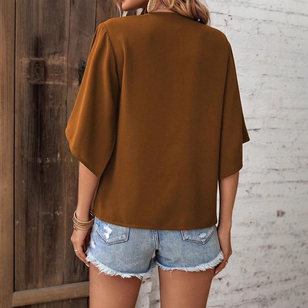 Damen V-Ausschnitt Bluse mit weitem Schnitt und lässigen 3/4-Ärmeln R&B
