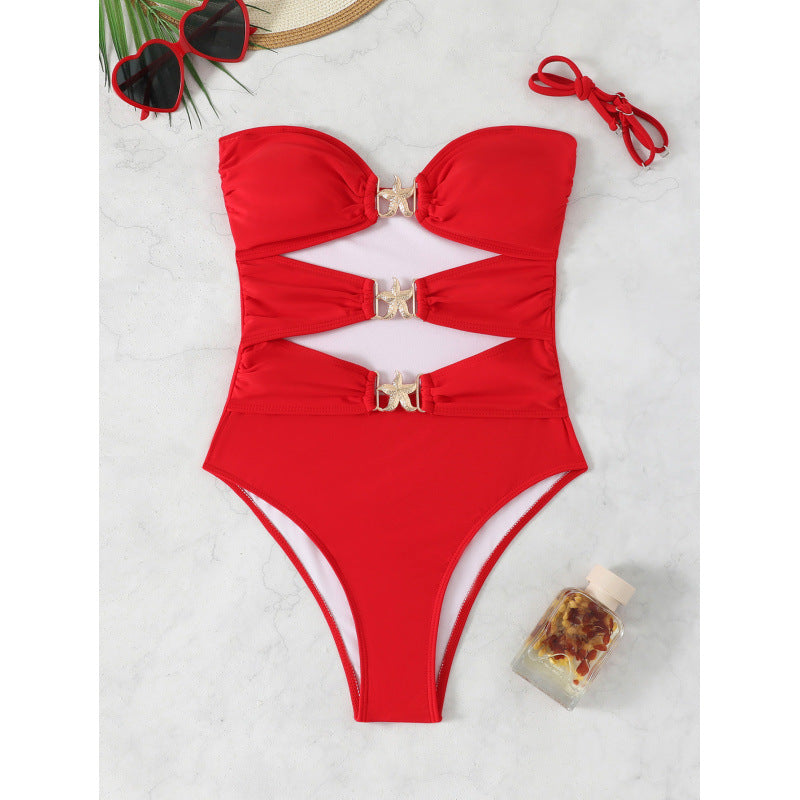 Damen Einteiliger Badeanzug mit eleganten Schnallen und raffinierten Raffung R&B