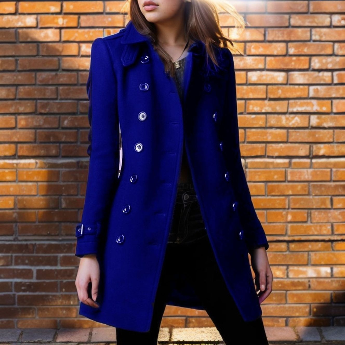 Damen stylischer Wollmantel mit doppelter Knopfleiste R&B