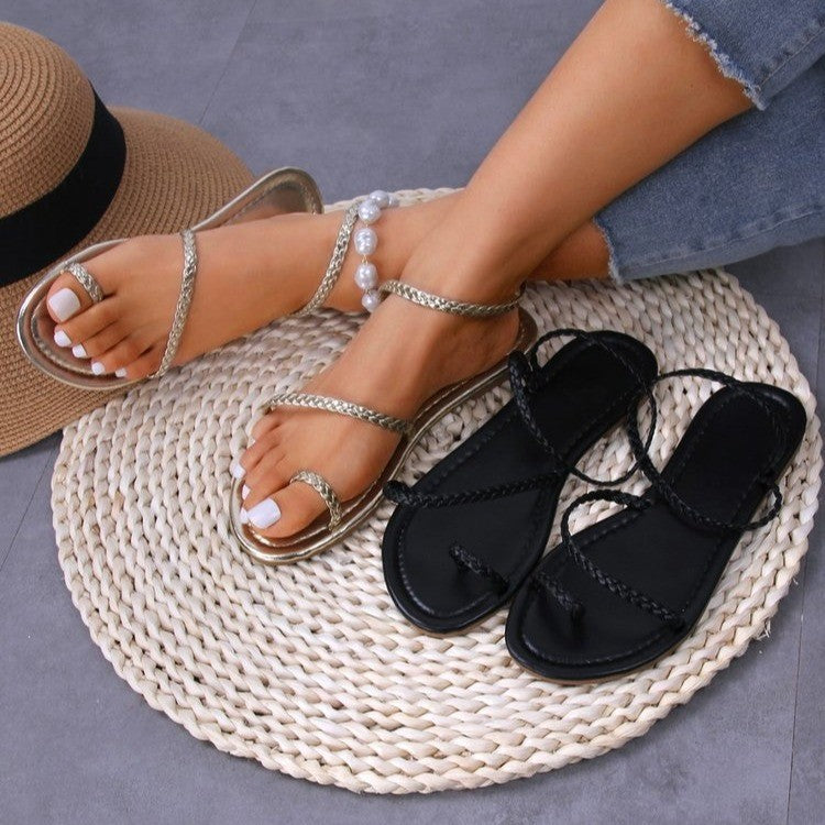 Damen Riemensandalen mit geflochtenem Design und Perlenakzenten R&B