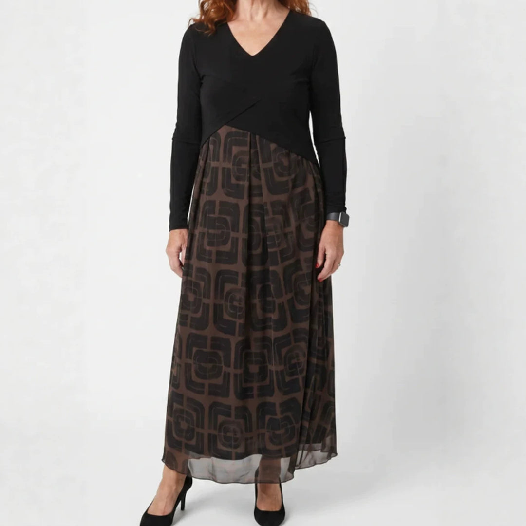 Damen nan V-Ausschnitt Maxikleid mit tailliertem Wickeloberteil und transparentem gemustertem Overlayrock R&B
