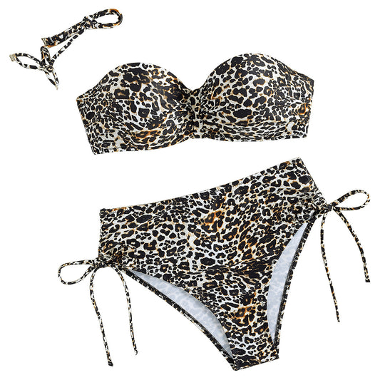 Damen Strand-Bikini mit raffiniertem Leopardenmuster und hohem Taillenschnitt R&B