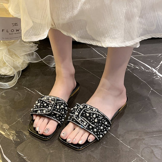 Damen glamouröse Pantoletten mit funkelnden Strass- und Perlenakzenten R&B