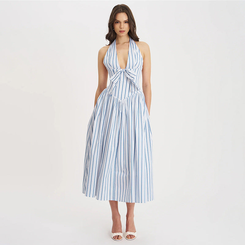 Damen Maxi-Kleid mit lässigem Halterneck und verspieltem Bogen R&B