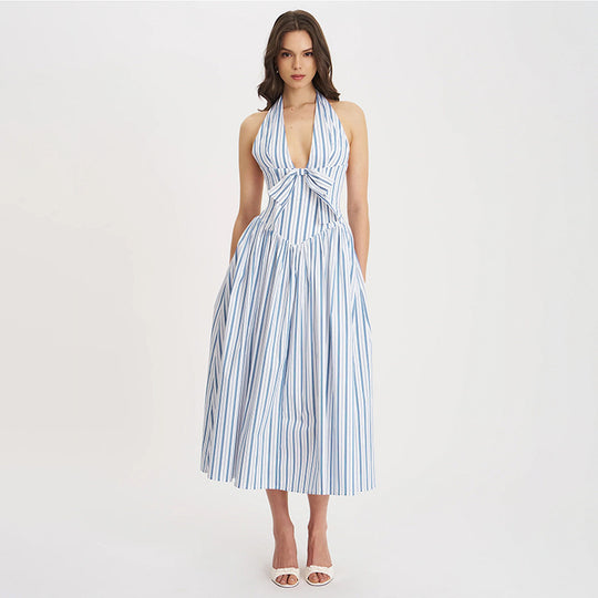 Damen Maxi-Kleid mit lässigem Halterneck und verspieltem Bogen R&B