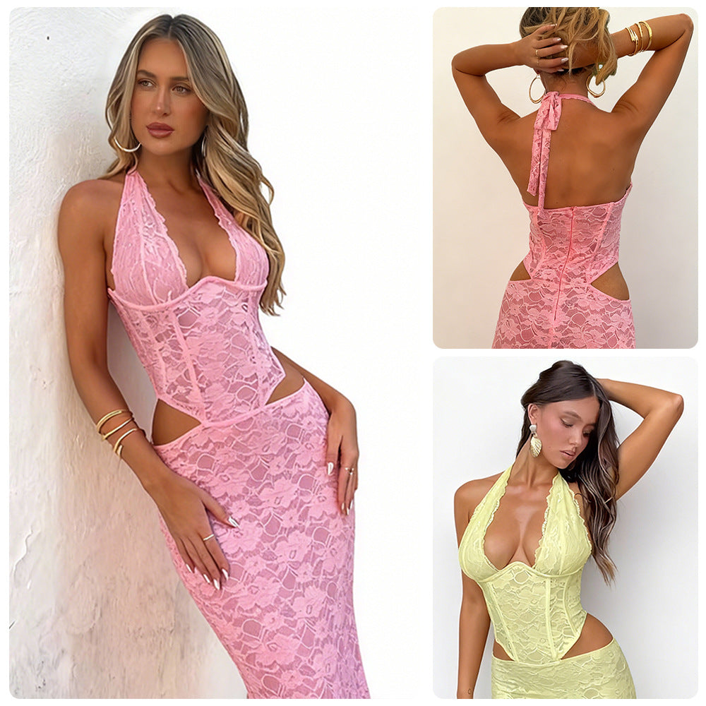 Damen Langes Spitzenkleid mit sexy Ausschnitten und raffinierten Details R&B