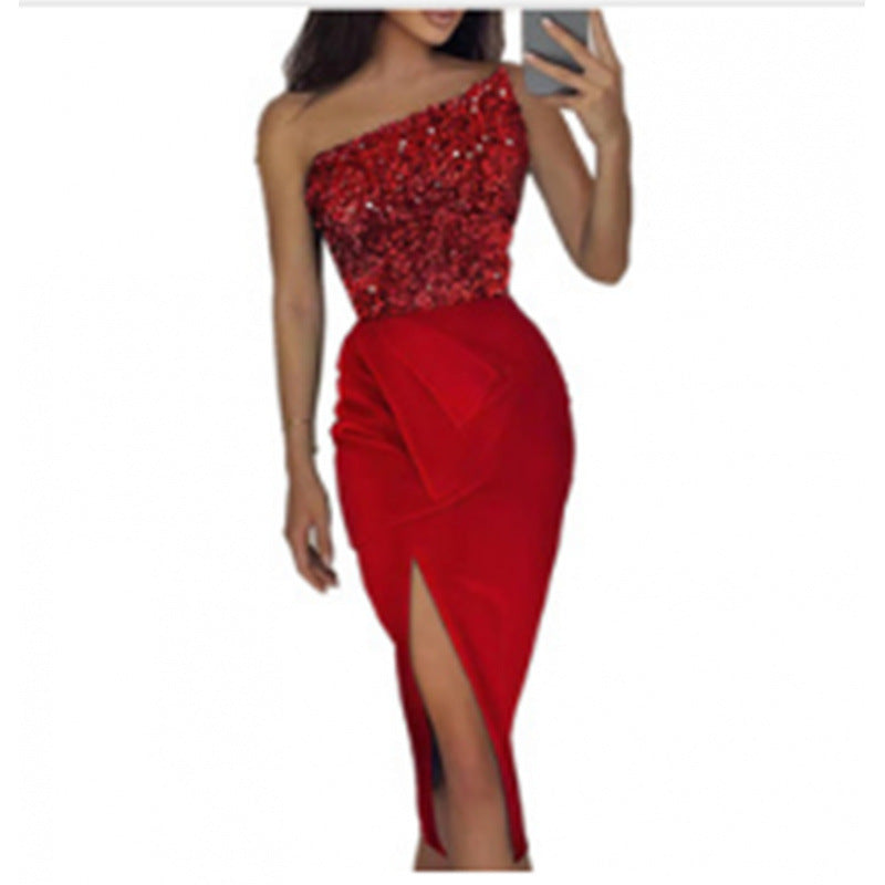 Damen Glamouröses Abendkleid mit asymmetrischem Ausschnitt und schimmerndem Oberteil R&B