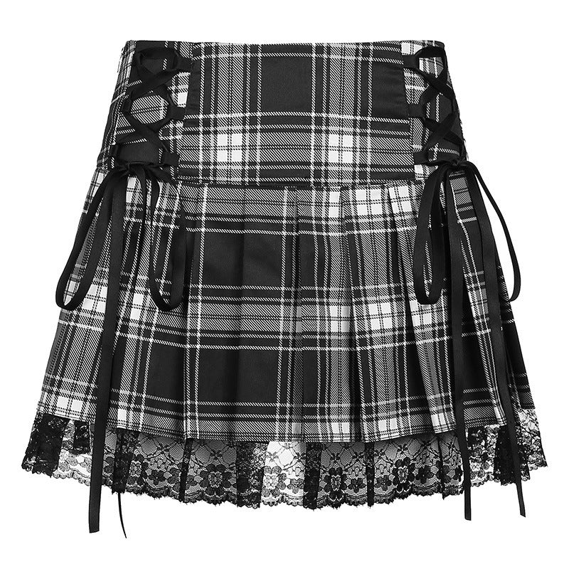 Damen karierter Minirock mit Spitzenabschluss und Schnürdetails R&B