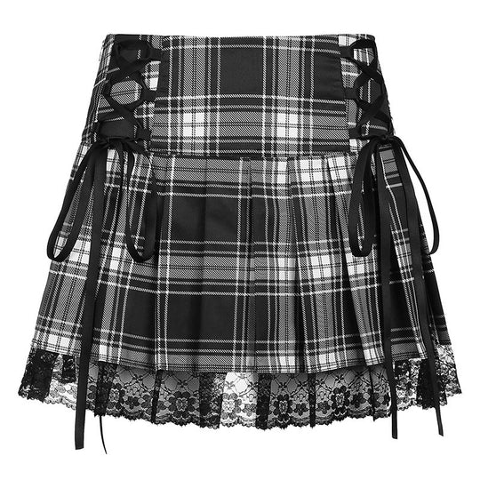 Damen karierter Minirock mit Spitzenabschluss und Schnürdetails R&B