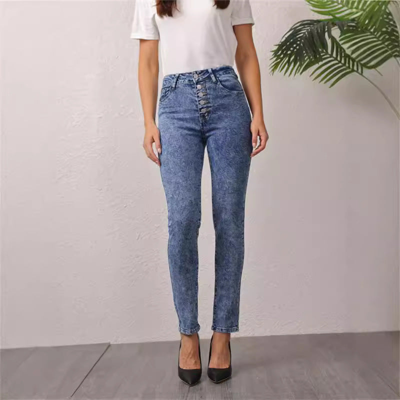 Damen hochgeschnittene Jeans mit dekorativem Knopfverschluss