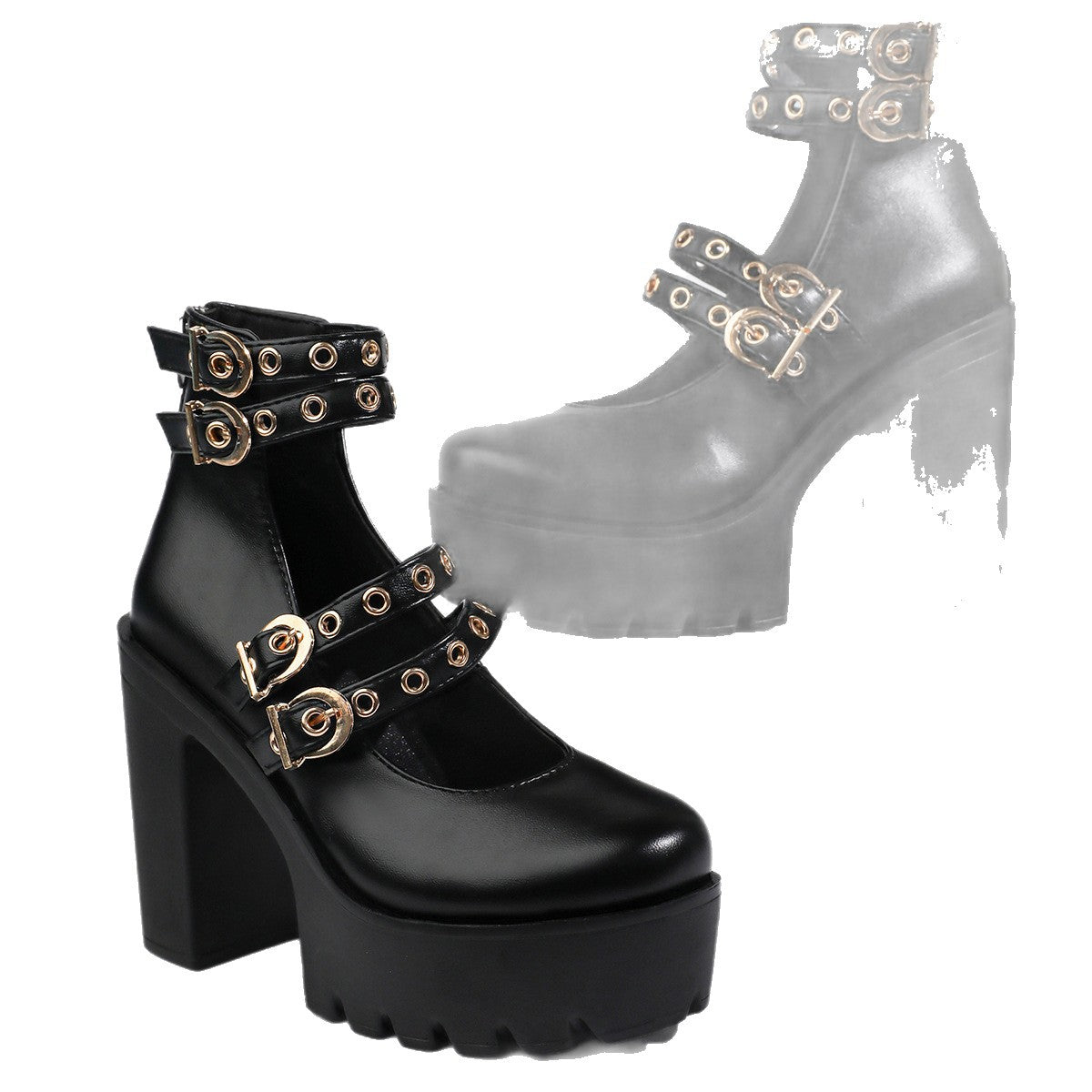 Damen Plateau-Stiefeletten mit verstellbaren Riemen und goldenen Schmuckdetails R&B