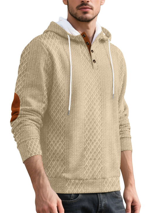 Herren nan Diamond-Struktur Kapuzenpullover mit Kurzknopfleiste, gesteppter Kapuzeninnenkante und Wildleder-Ellbogenpatch R&B