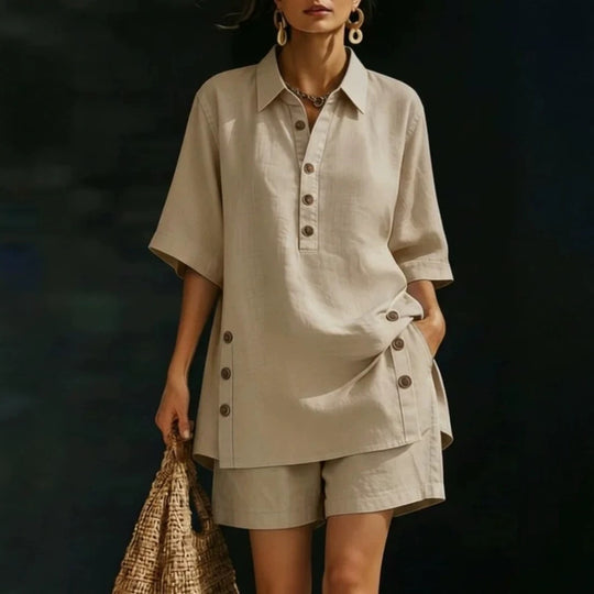 Damen nan luftiges Leinenoptik-Zweiteiler mit Oversize-Hemdbluse, Knopfleiste und Bermuda-Shorts R&B
