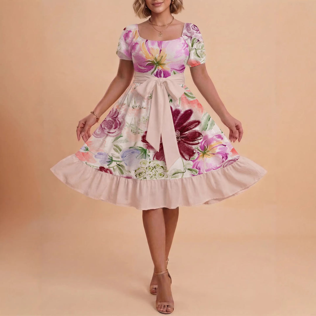 Damen Blumenkleid mit taillierbarem Gürtel und voluminösen Ärmeln R&B
