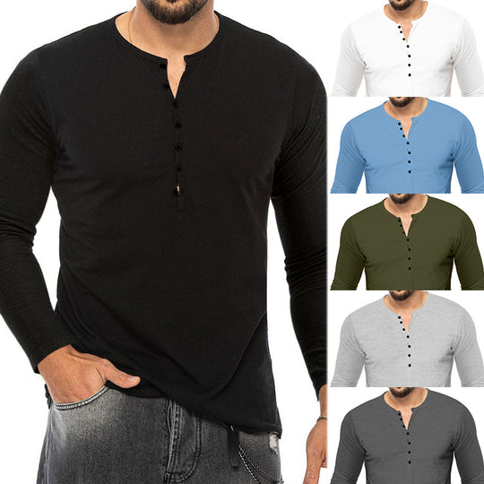 Herren Langarm-Henley-Shirt mit Knopfleiste und weichem Baumwollmaterial R&B