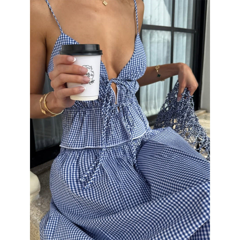 Damen Sommerliches Maxikleid mit V-Ausschnitt und Gingham-Muster R&B