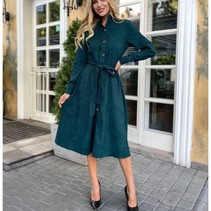 Damen Midi-Kleid mit Knopfleiste und Taillengürtel R&B